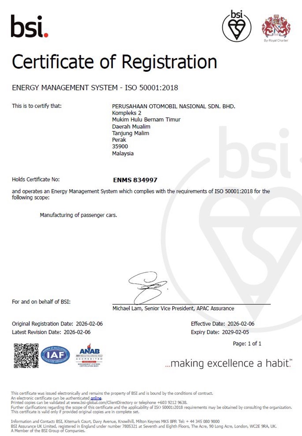 Certification Of Registeration ISO 50001 2018