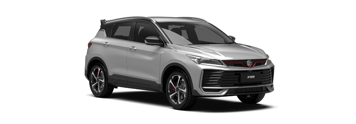 Proton X50 berwarna perak, pandangan hadapan dan sisi
